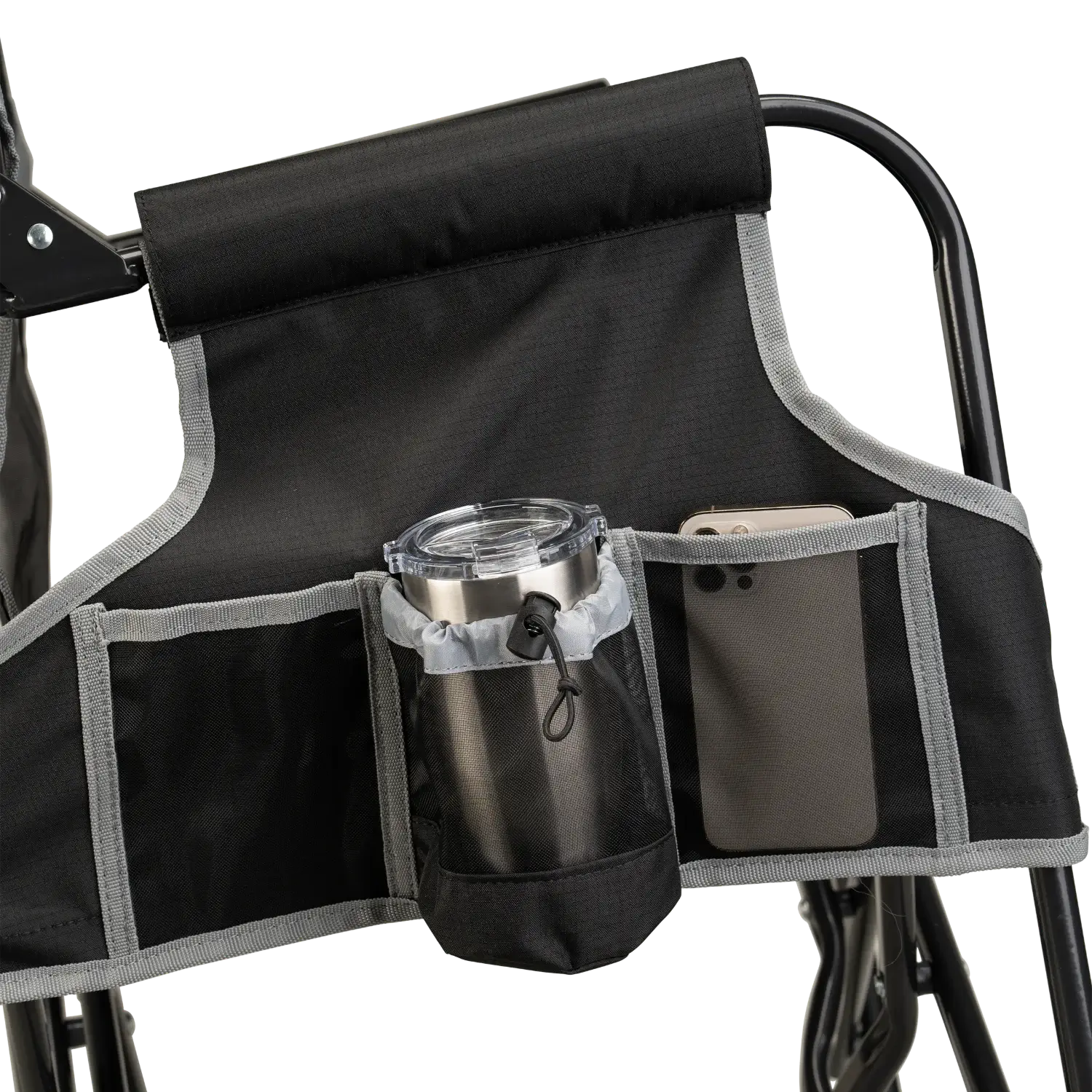 Close-up of the side caddy on the varsity black Stowaway Rocker.