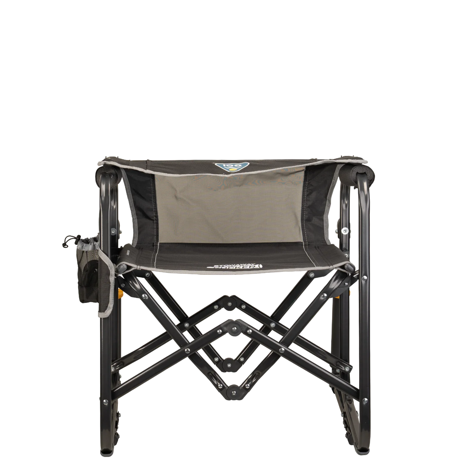 Folded backrest of the varsity black Stowaway Rocker. 