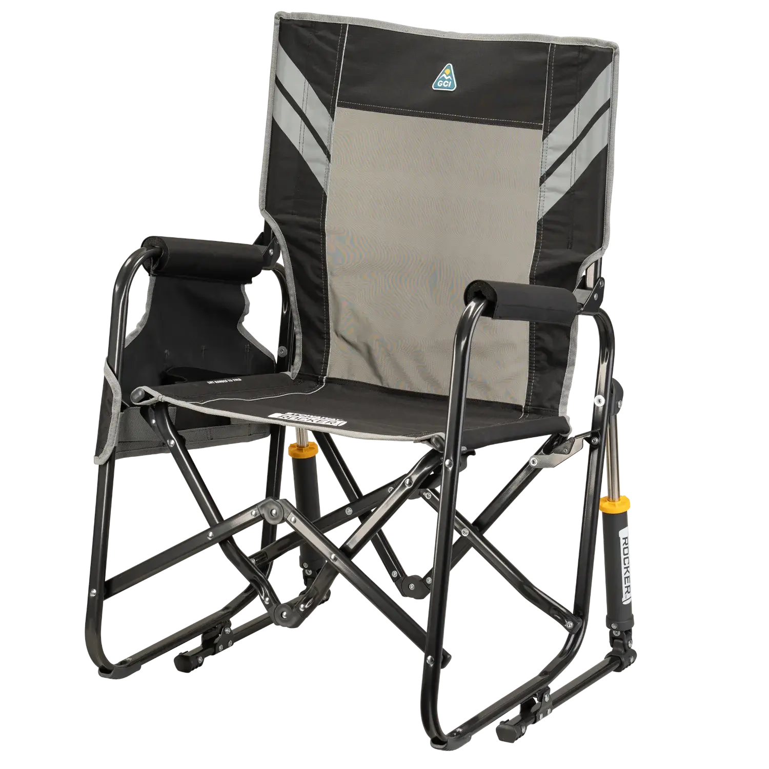 Front left view of the varsity black Stowaway Rocker.