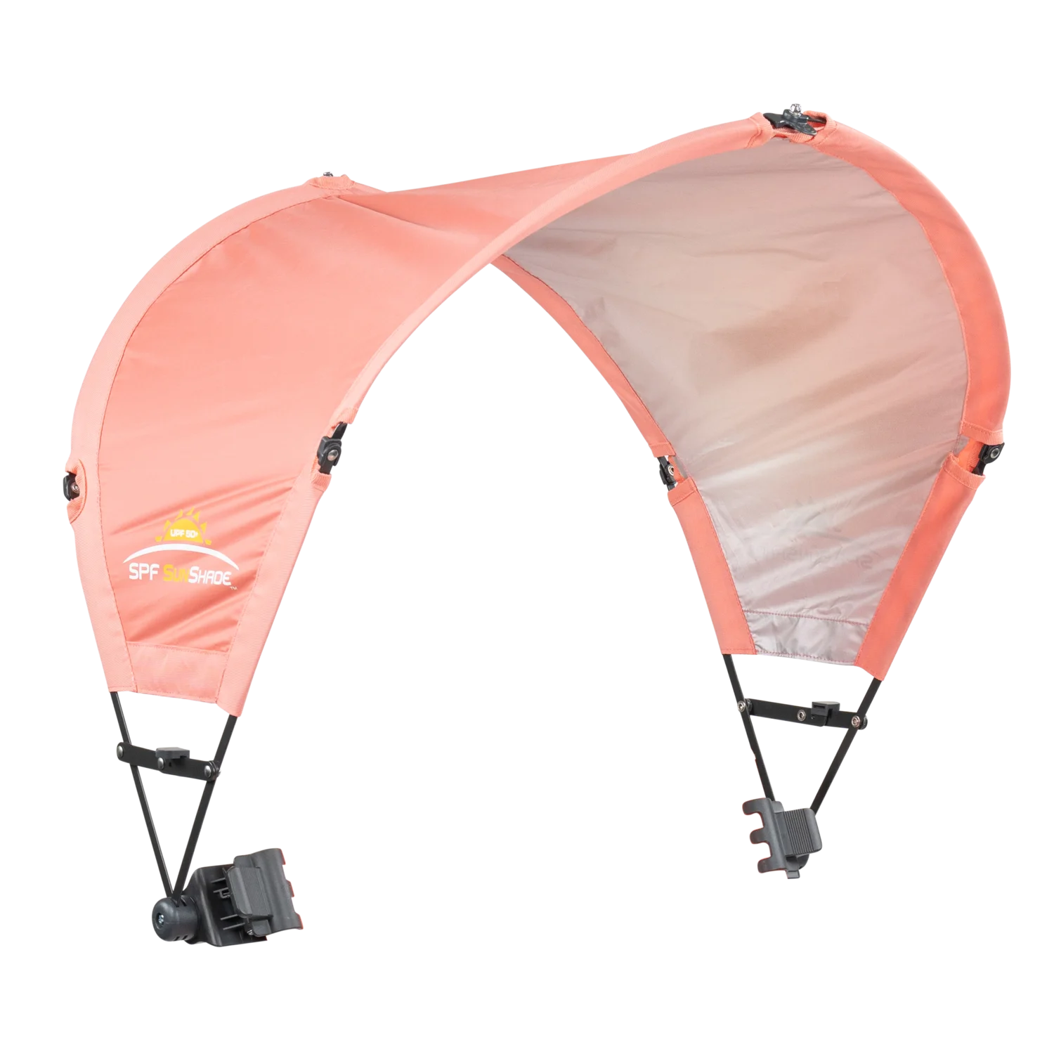 The coral Sunshade Accessory unfolded and positioned at a right angle. 