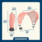 Dimension overview of the coral Sunshade Accessory folded and unfolded. 