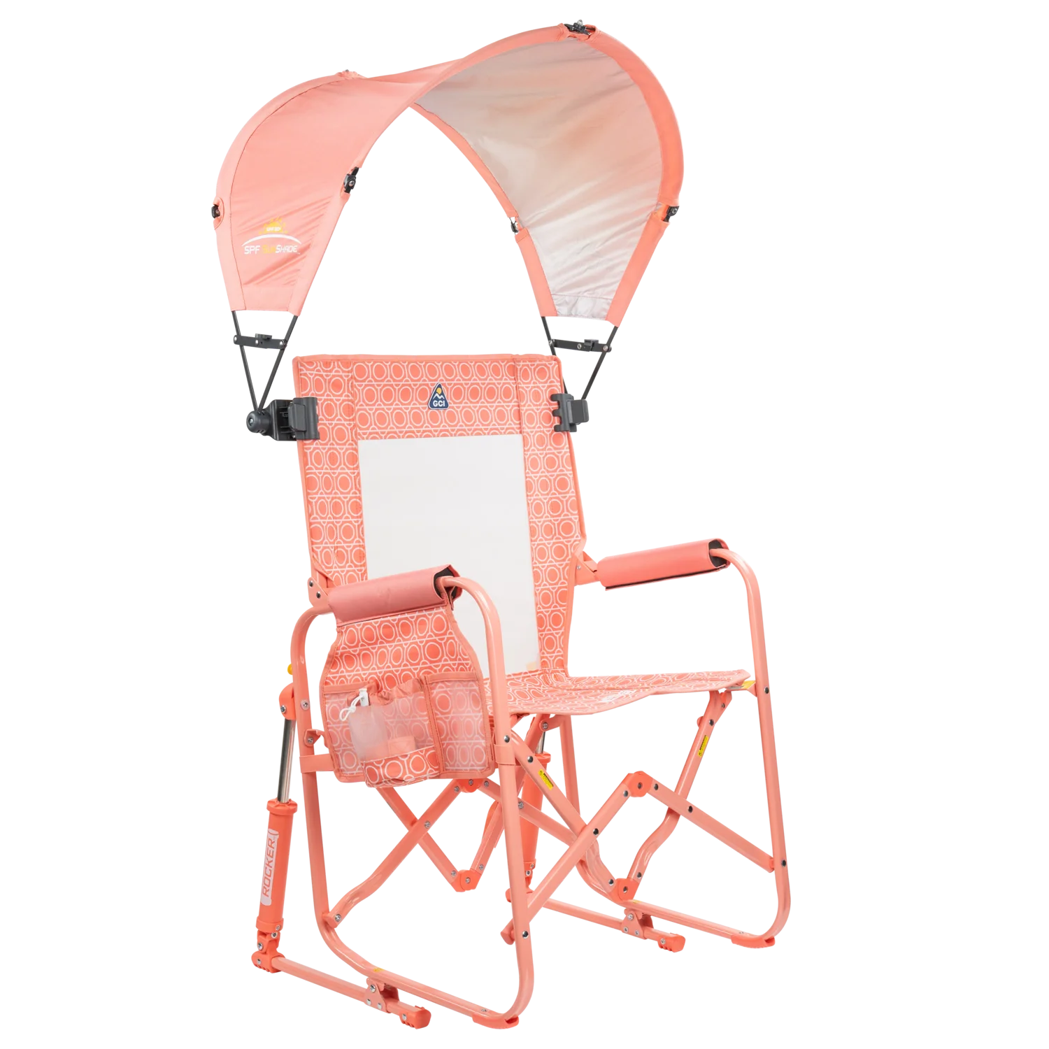 Front right angle of the coral Sunshade Accessory attached to a coral Stowaway Rocker. 