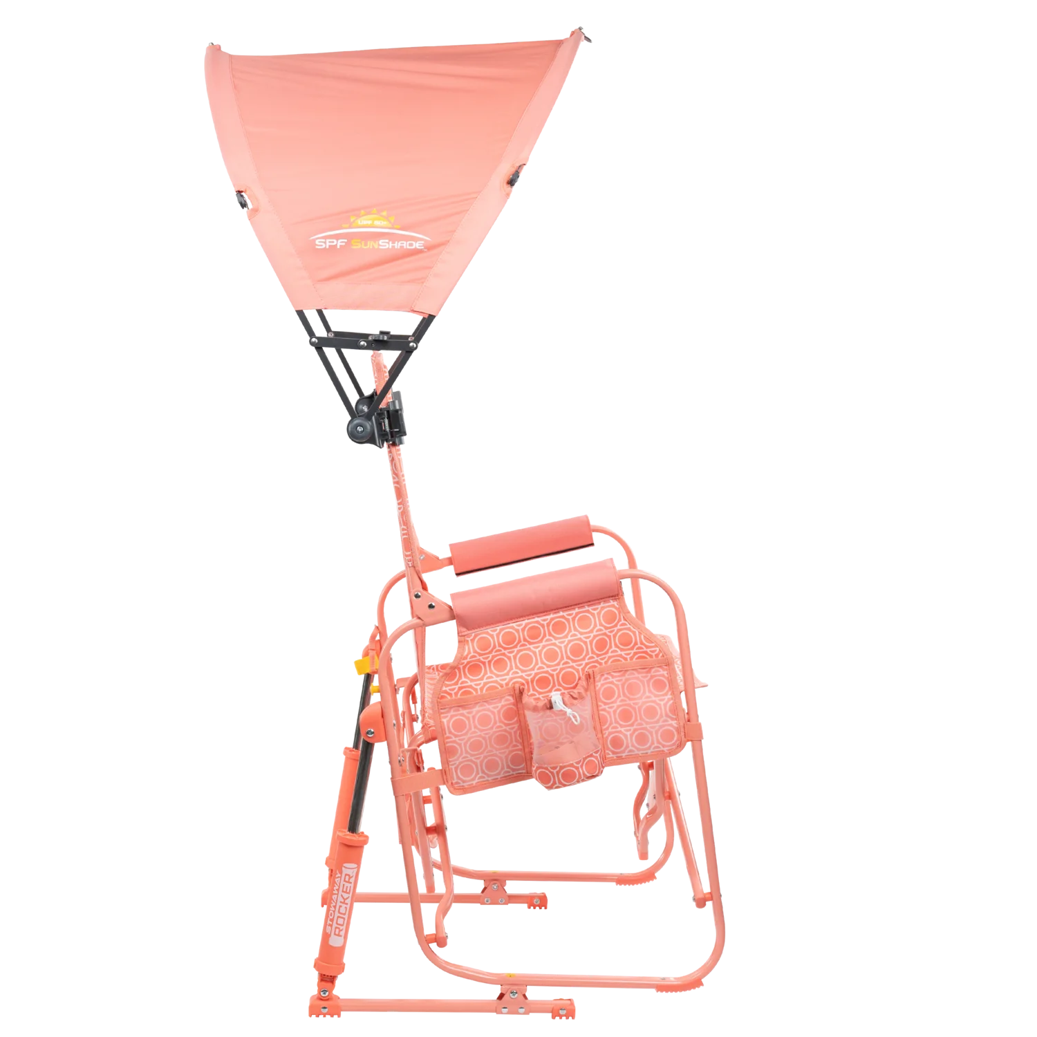 Side angle of the coral Sunshade Accessory attached to a Coral Stowaway Rocker. 