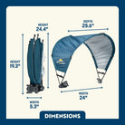 Dimension overview of the coral Sunshade Accessory folded and unfolded.