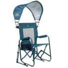 Front right angle of the teal Sunshade Accessory attached to a Stowaway Rocker.