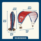 Dimension overview of the Sunshade Accessory shown open and folded, with labeled height, width, and depth measurements.