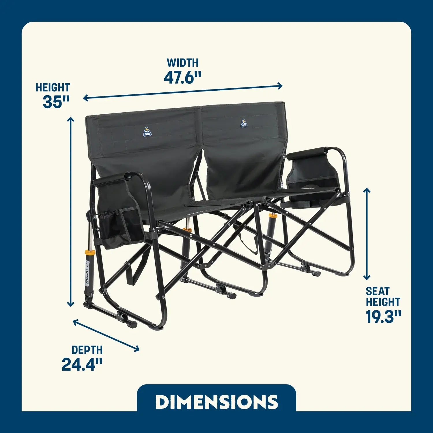 Dark Charcoal Tandem Rocker shown open, with seat height, width, depth, and total height labeled.