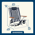 Dimension overview of the TidalDrift in indigo stripes with labeled seat height, width, depth, and overall height.