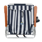 Back angle of the folded TidalDrift lounger in indigo stripes.