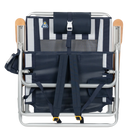 Front angle of the backpack straps on the folded TidalDrift lounger in indigo stripes.
