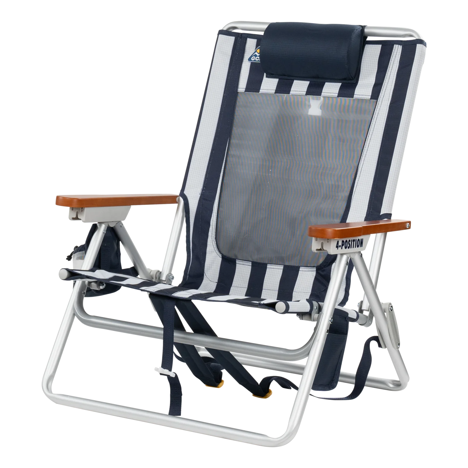 Front left angle of the TidalDrift lounger in indigo stripes.