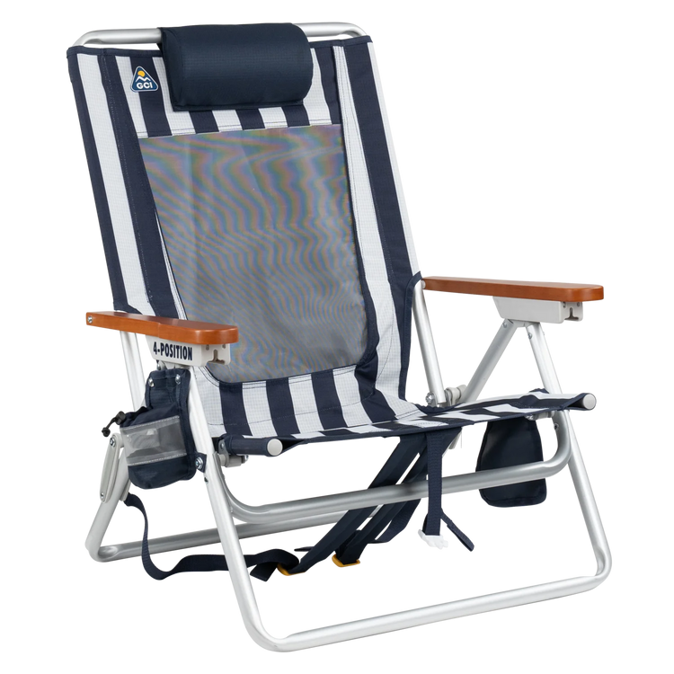 Front right angle of the TidalDrift lounger in indigo stripes.