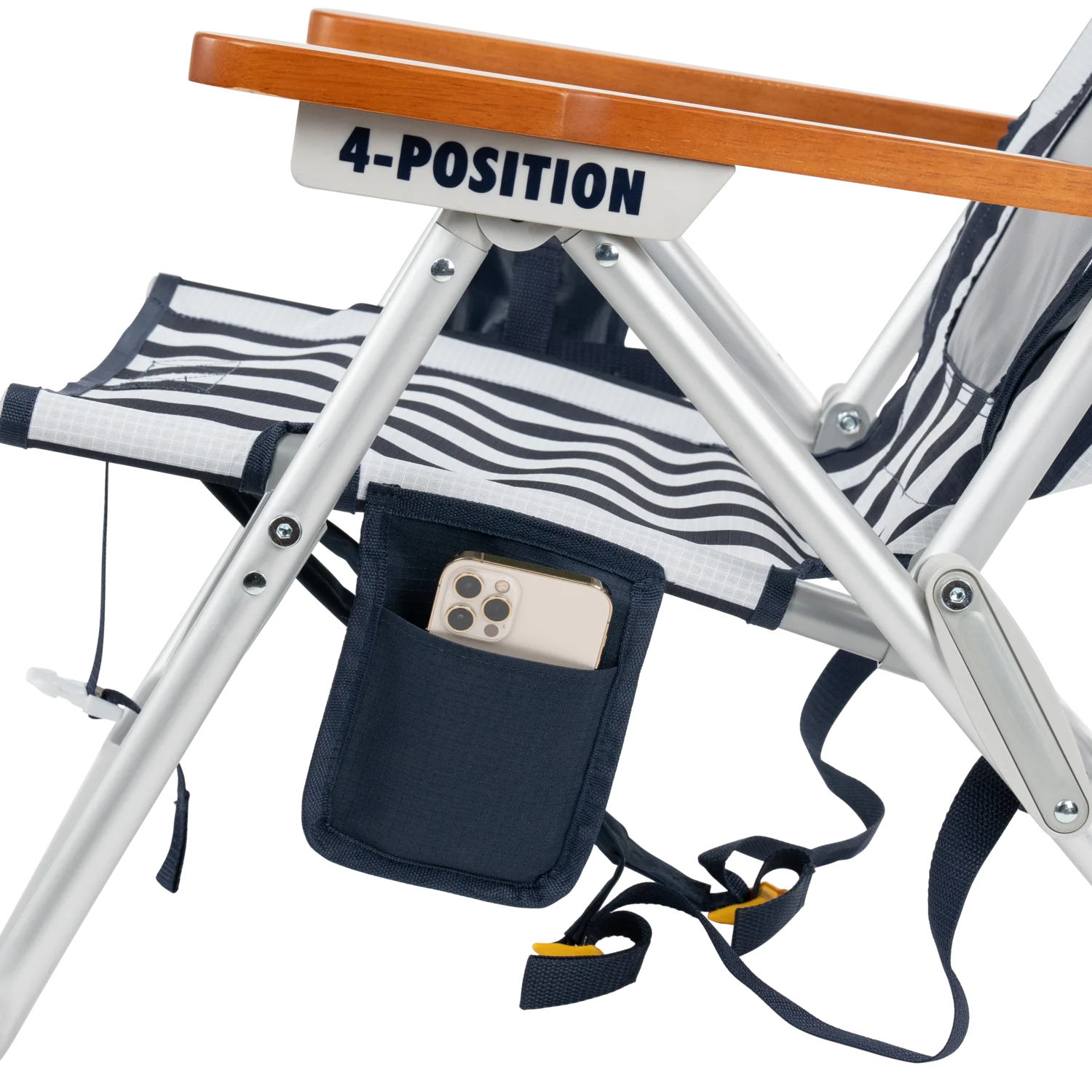 Close-up of the phone pocket on the TidalDrift lounger in indigo stripes