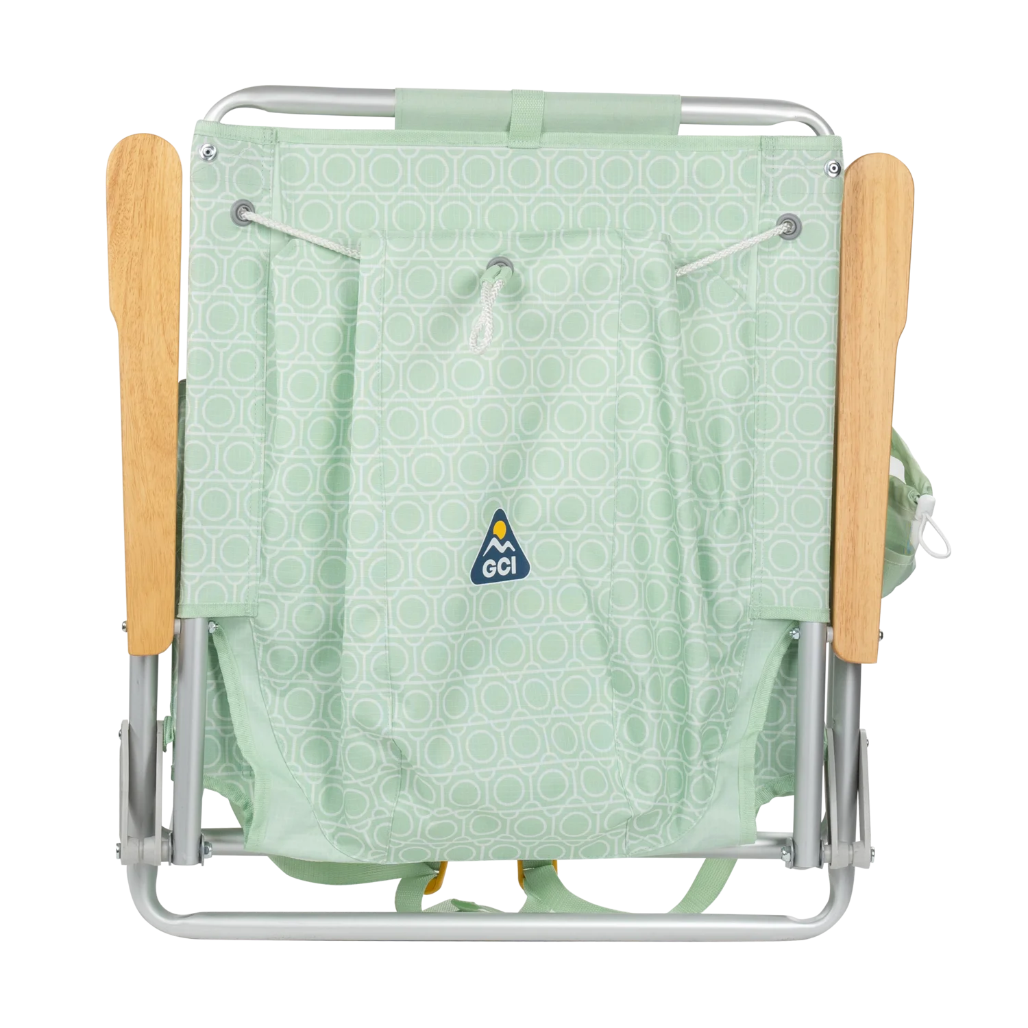 Back angle of the folded TidalDrift lounger in pastel green mosaic.